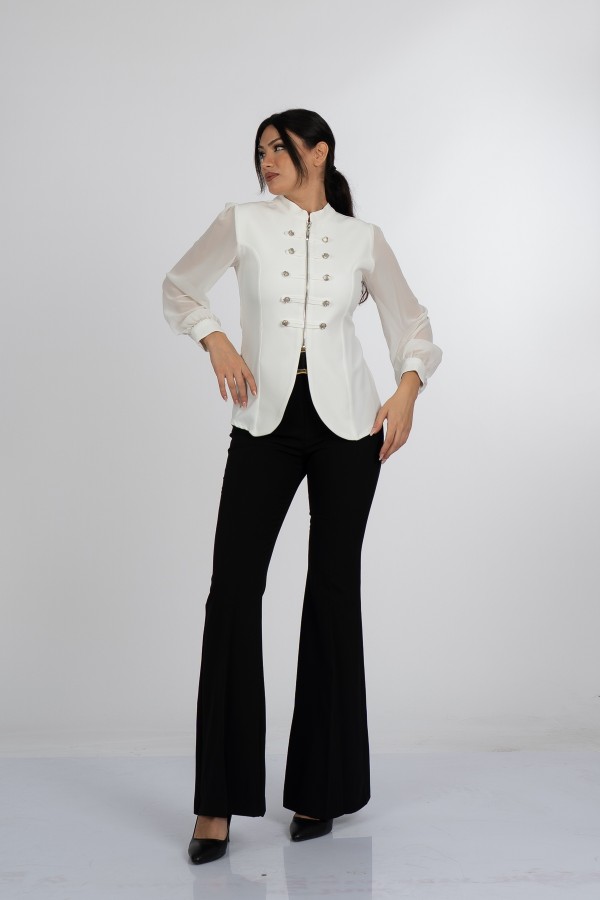 Olivia Blouse - Önden Fermuarlı Tül Kollu Düğme Detaylı Bluz - 221