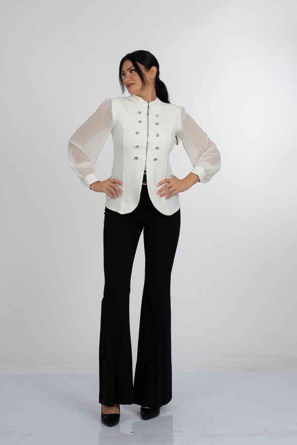 Olivia Blouse - Önden Fermuarlı Tül Kollu Düğme Detaylı Bluz - 221