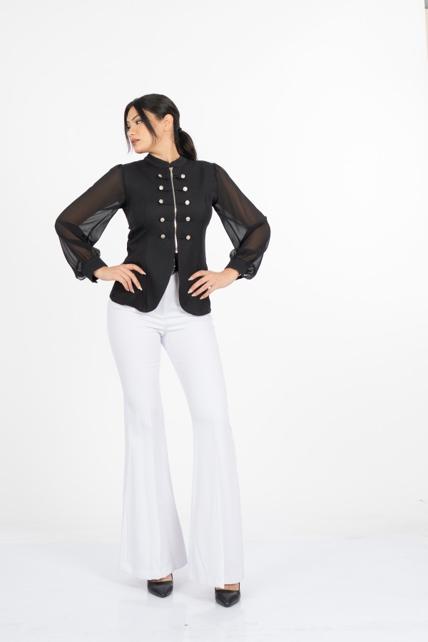 Olivia Blouse - Önden Fermuarlı Tül Kollu Düğme Detaylı Bluz - 221
