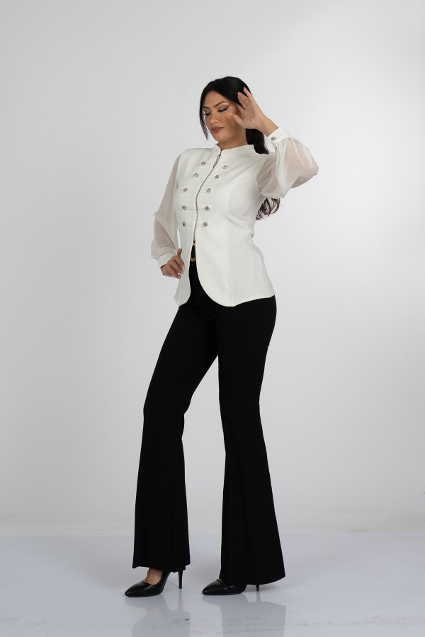 Olivia Blouse - Önden Fermuarlı Tül Kollu Düğme Detaylı Bluz - 221