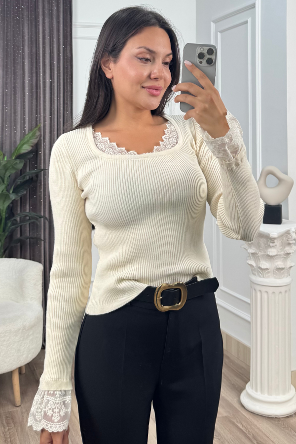Rosella Dantel Detaylı Fitilli Triko Bluz 20309 STD Rosella Dantel Detaylı Fitilli Triko Bluz 20309 STD