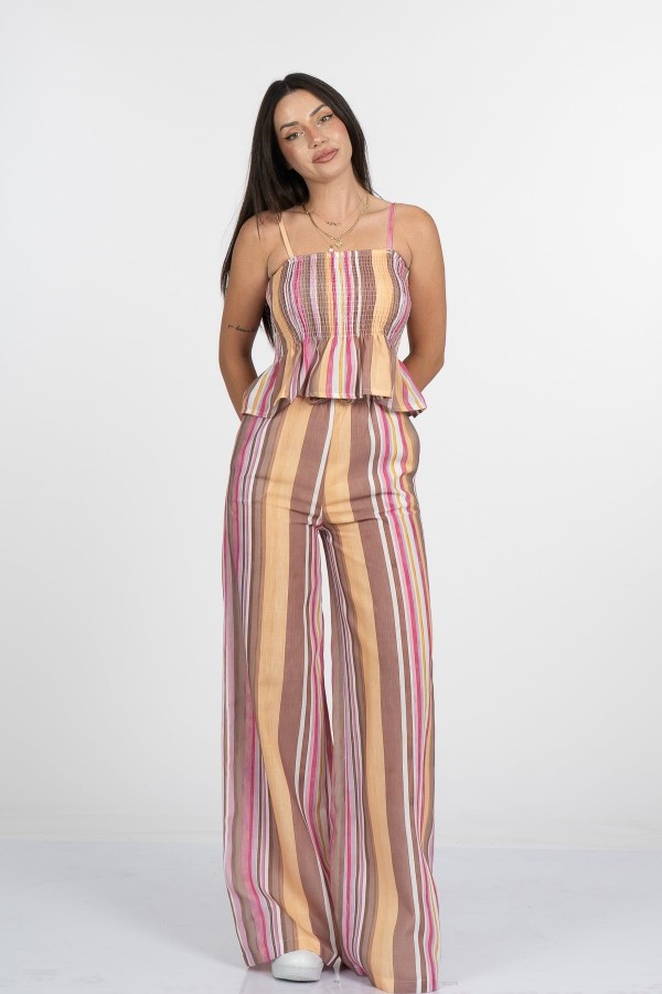 Signature Line Dikey Çizgili Keten Crop Bluz Pantolon Takım - 1333 Signature Line Dikey Çizgili Keten Crop Bluz Pantolon Takım - 1333