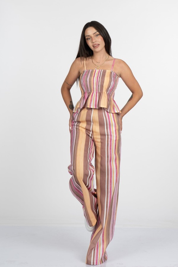 Signature Line Dikey Çizgili Keten Crop Bluz Pantolon Takım - 1333 Signature Line Dikey Çizgili Keten Crop Bluz Pantolon Takım - 1333