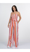Signature Line Dikey Çizgili Keten Crop Bluz Pantolon Takım - 1333