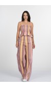 Signature Line Dikey Çizgili Keten Crop Bluz Pantolon Takım - 1333