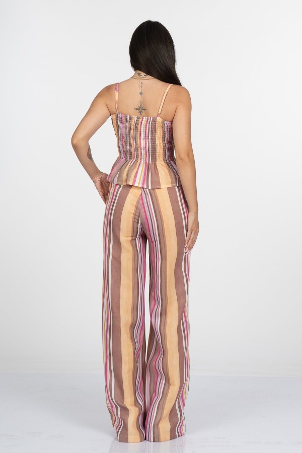 Signature Line Dikey Çizgili Keten Crop Bluz Pantolon Takım - 1333 Signature Line Dikey Çizgili Keten Crop Bluz Pantolon Takım - 1333