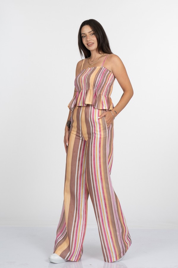 Signature Line Dikey Çizgili Keten Crop Bluz Pantolon Takım - 1333 Signature Line Dikey Çizgili Keten Crop Bluz Pantolon Takım - 1333