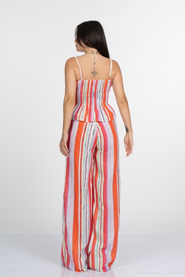 Signature Line Dikey Çizgili Keten Crop Bluz Pantolon Takım - 1333 Signature Line Dikey Çizgili Keten Crop Bluz Pantolon Takım - 1333