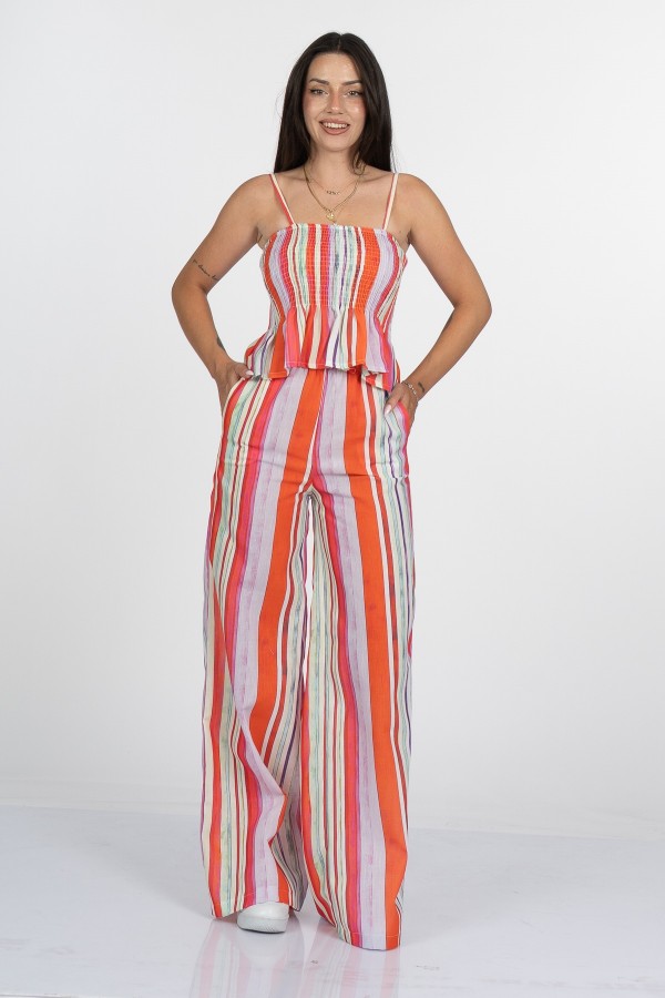 Signature Line Dikey Çizgili Keten Crop Bluz Pantolon Takım - 1333 Signature Line Dikey Çizgili Keten Crop Bluz Pantolon Takım - 1333