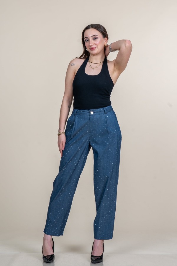Taş Baskı Yüksek Bel Pileli Cepli Denim Pantolon 30254 Taş Baskı Yüksek Bel Pileli Cepli Denim Pantolon 30254