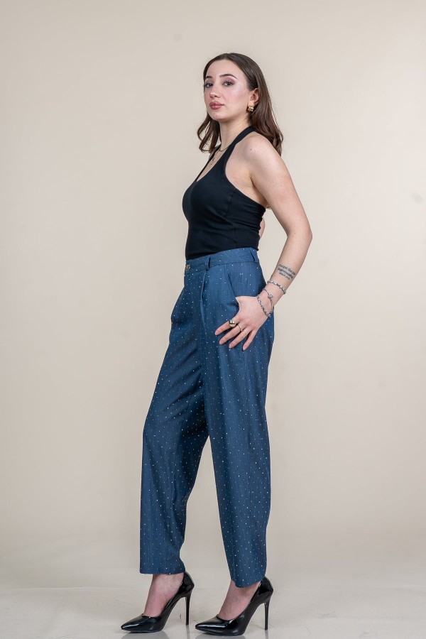 Taş Baskı Yüksek Bel Pileli Cepli Denim Pantolon 30254 Taş Baskı Yüksek Bel Pileli Cepli Denim Pantolon 30254
