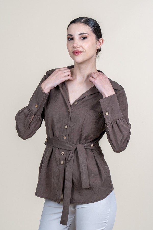 Tencel Beli Kuşaklı Uzun Kollu Trend Gömlek 70062 Tencel Beli Kuşaklı Uzun Kollu Trend Gömlek 70062