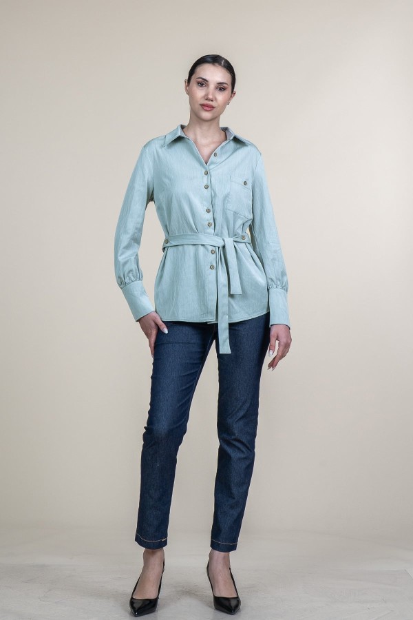 Tencel Beli Kuşaklı Uzun Kollu Trend Gömlek 70062 Tencel Beli Kuşaklı Uzun Kollu Trend Gömlek 70062
