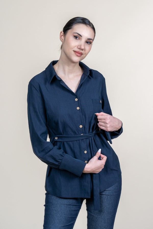 Tencel Beli Kuşaklı Uzun Kollu Trend Gömlek 70062 Tencel Beli Kuşaklı Uzun Kollu Trend Gömlek 70062