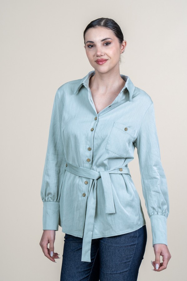Tencel Beli Kuşaklı Uzun Kollu Trend Gömlek 70062 Tencel Beli Kuşaklı Uzun Kollu Trend Gömlek 70062