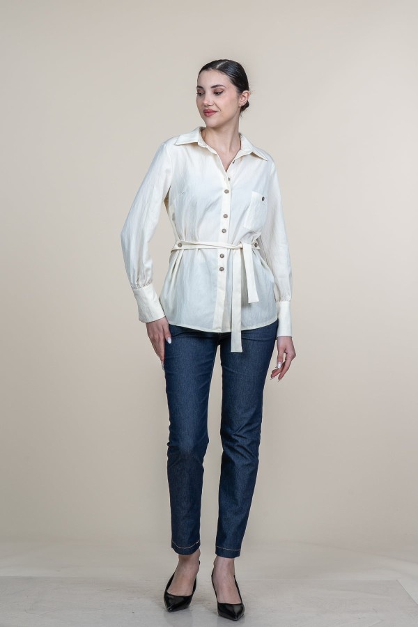 Tencel Beli Kuşaklı Uzun Kollu Trend Gömlek 70062 Tencel Beli Kuşaklı Uzun Kollu Trend Gömlek 70062