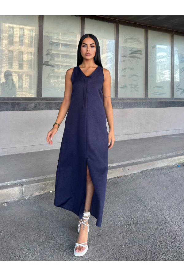 V Yaka Spagetti İp Detaylı Yırtmaçlı Uzun Elbise 50324